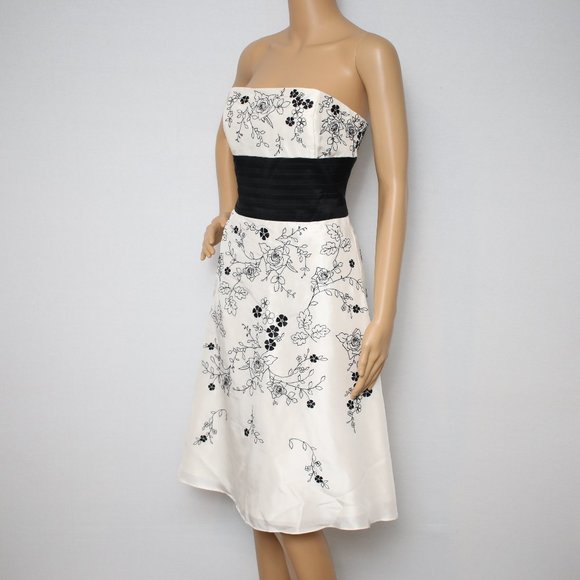 White House Black Market Rosy Embroidery Silk Cocktail Dress Sz 6 White Black - Picture 2 of 10